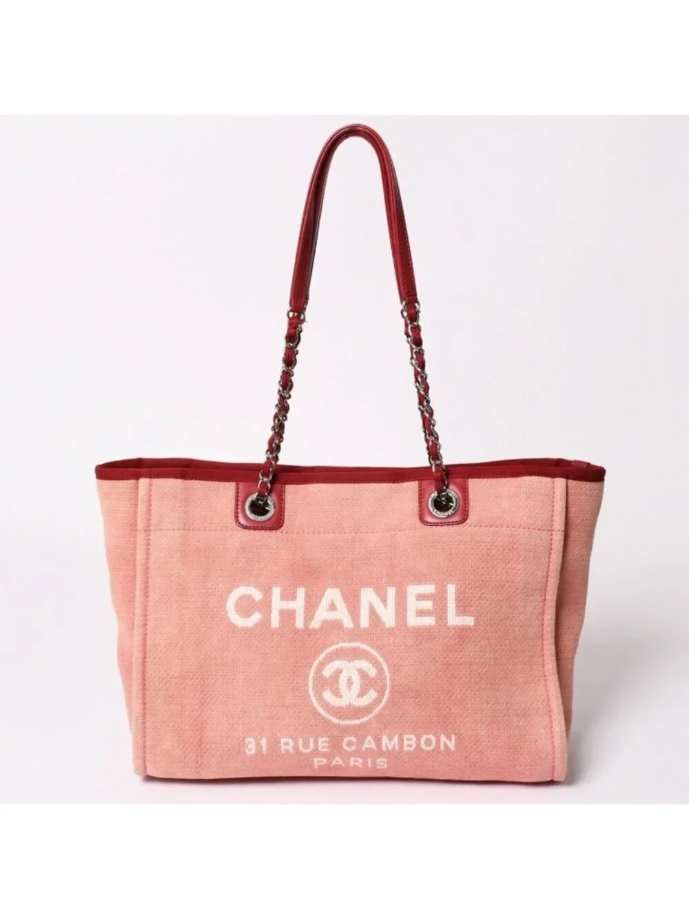 Chanel Deauville MM Chain Tote Bag CC Logo Pink Canvas Leather Silver